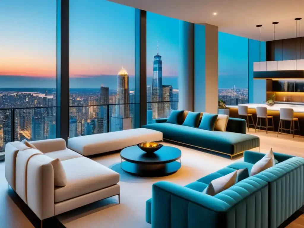 Salón de lujo con vistas a la ciudad en edificio residencial exclusivo Salón de lujo en edificio residencial, con vista urbana, muebles contemporáneos y decoración elegante