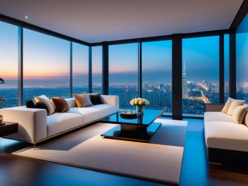 Sala de estar de lujo con domótica y vistas urbanas al atardecer Salón de lujo con herramientas digitales en gestión de propiedades, elegante y sofisticado, vista panorámica ciudad al anochecer