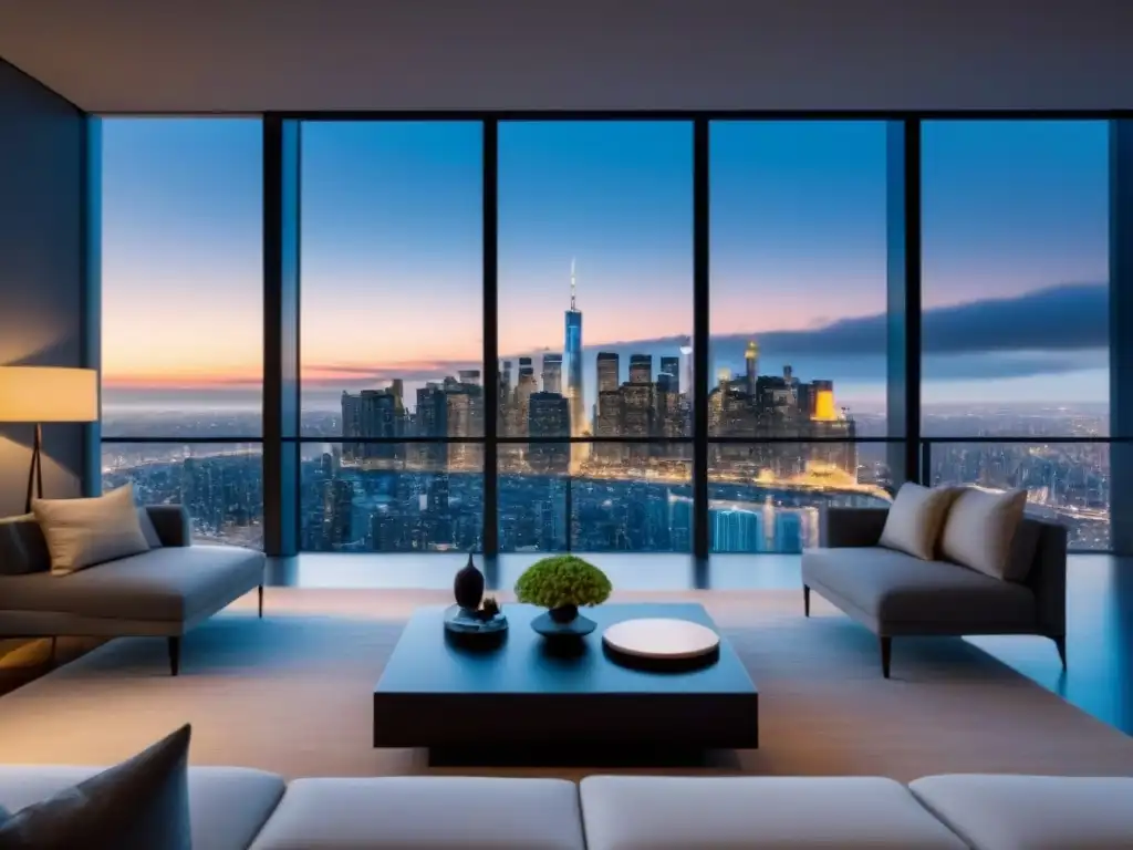 Sala de estar de lujo en propiedad exclusiva con vista nocturna a la ciudad Salón de lujo en inmobiliaria de alto nivel con vista nocturna de la ciudad