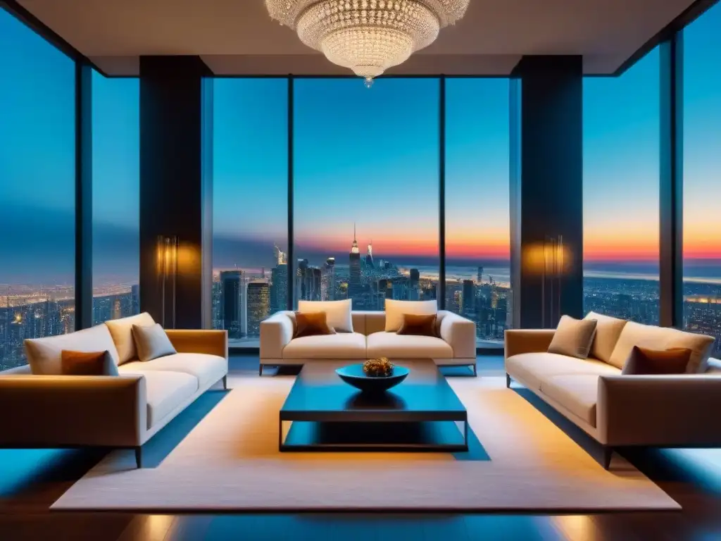 Salón de lujo con vista nocturna de la ciudad Salón de lujo moderno con elegante mobiliario, chimenea de mármol, ventanales con vista a la ciudad de noche y candelabro contemporáneo