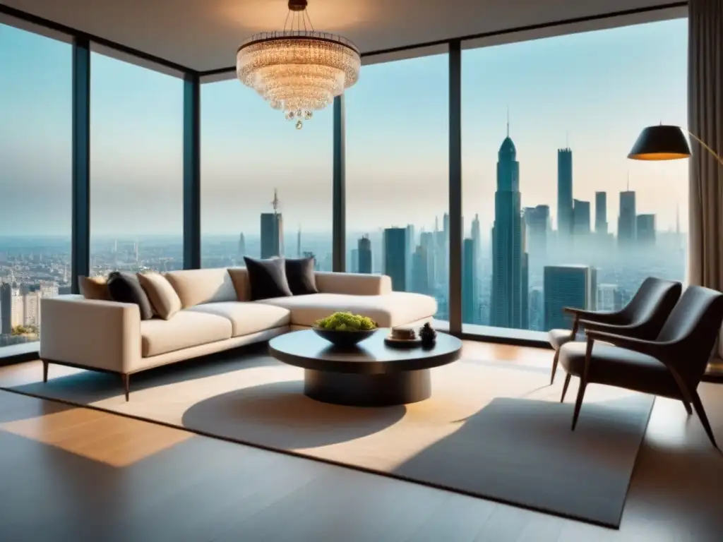 Sala de estar de lujo: refinanciación de propiedades de alto nivel Salón de lujo moderno con mobiliario elegante, ventanales con vista a la ciudad y refinanciamiento de lujo para inversores