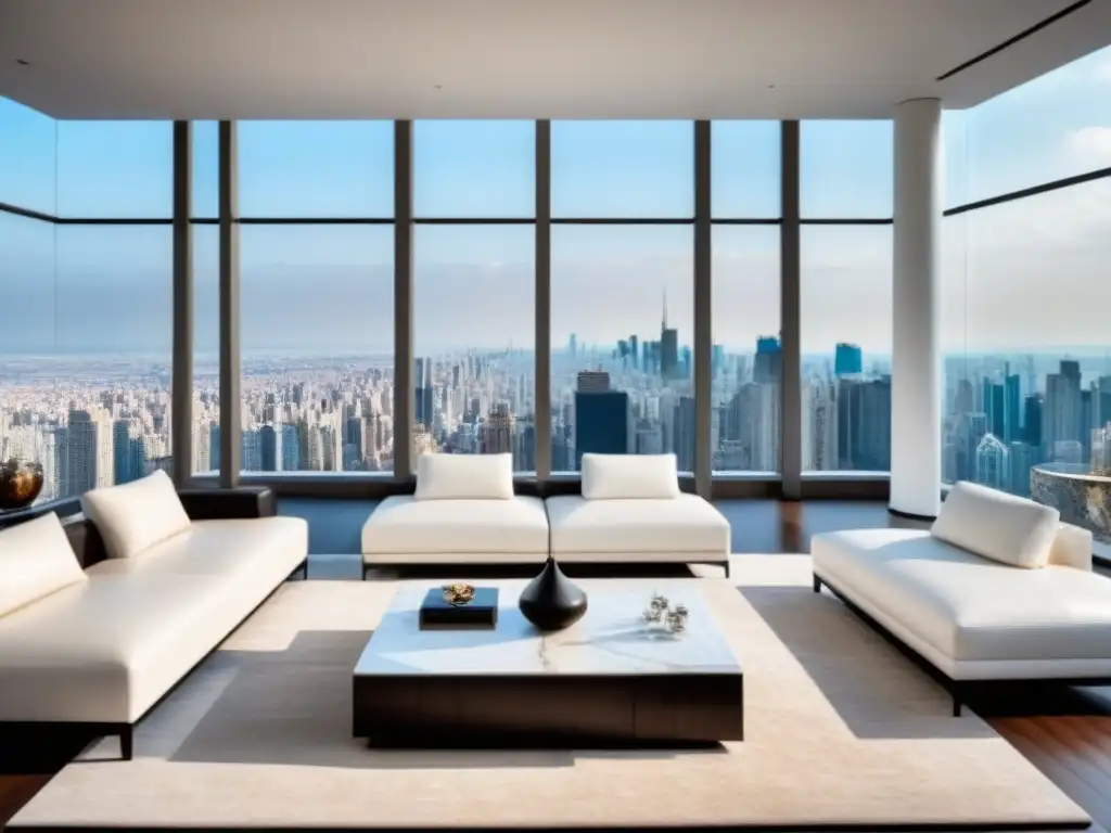 Salón de lujo con vista panorámica y mobiliario blanco elegante Salón de lujo moderno con mobiliario blanco elegante, mesa de café de mármol y vista panorámica de la ciudad