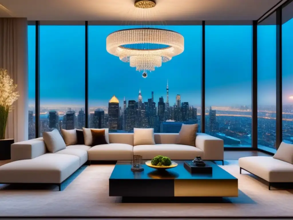 Sala de estar de lujo con vistas a la ciudad al atardecer Un salón de lujo moderno con muebles minimalistas, una impresionante lámpara de cristal y vistas a la ciudad al atardecer