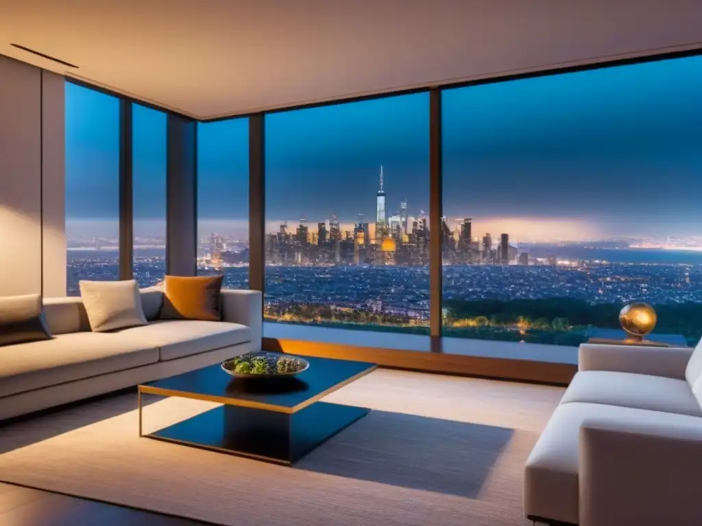 Salón de lujo con vista nocturna a la ciudad Salón de lujo moderno con muebles elegantes y vista nocturna de la ciudad, combinando elementos contemporáneos y clásicos