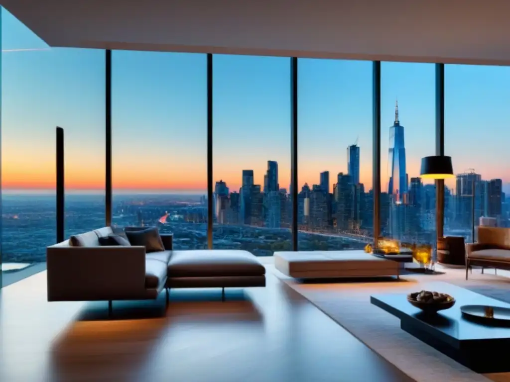 Salón de lujo con vista a la ciudad Salón de lujo moderno en propiedad exclusiva con mobiliario elegante y vista impresionante de la ciudad, bañado en luz natural