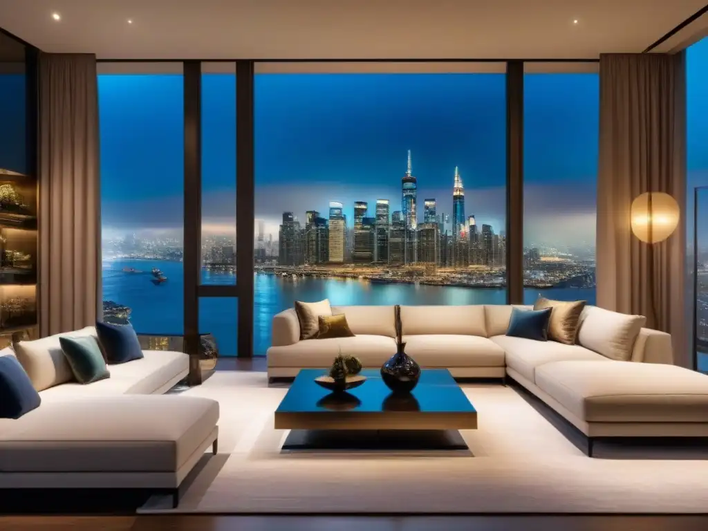 Salón de lujo con vista nocturna de la ciudad y arte sofisticado Salón de lujo moderno con ventanales panorámicos nocturnos y obra de arte sofisticada