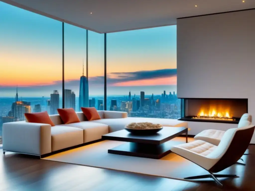Suntuoso salón moderno en propiedad exclusiva con vista panorámica Salón de lujo moderno con vista panorámica a la ciudad, muebles elegantes y arte decorativo