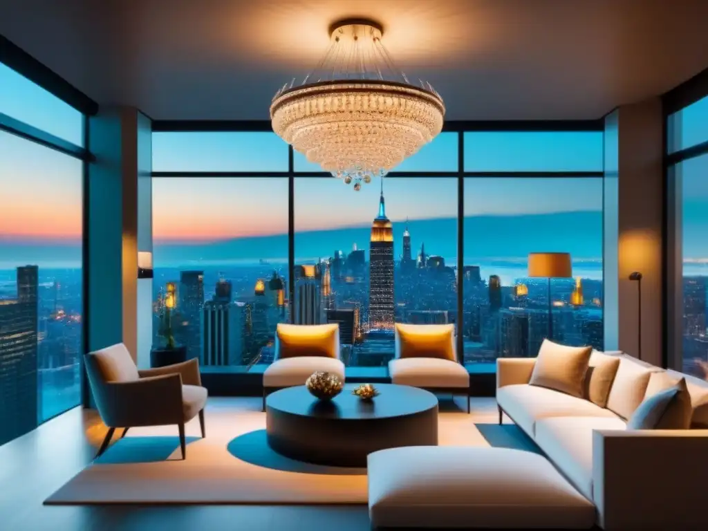 Salón moderno de lujo con vistas a la ciudad: sofisticación refinada Un salón de lujo moderno con vista a la ciudad, muebles contemporáneos y una araña de cristal