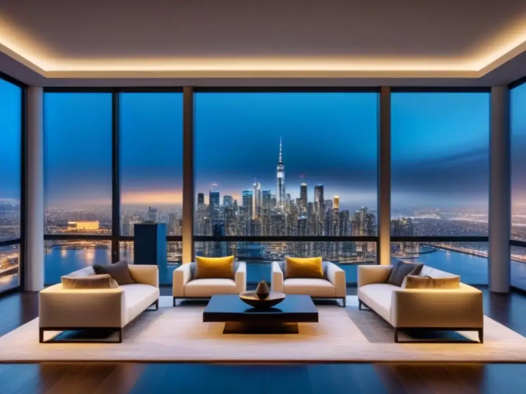 Sala de estar de lujo con vista nocturna de la ciudad Salón de lujo moderno con vista nocturna de la ciudad y refinanciamiento lujo inmobiliario