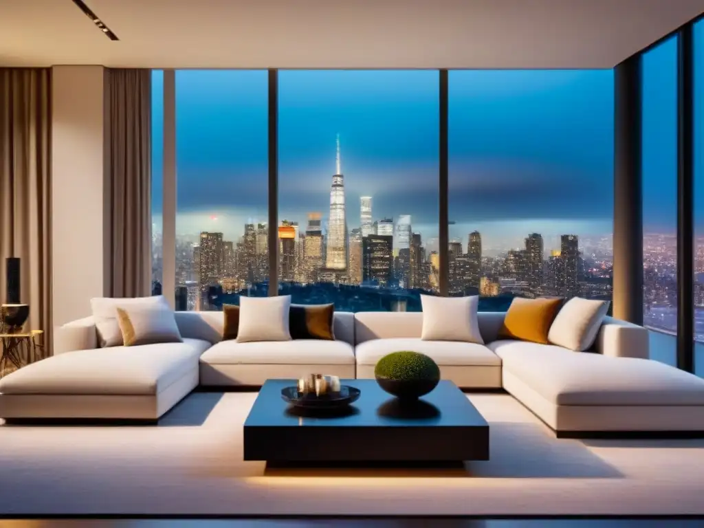 Sala de estar de lujo con vistas nocturnas de la ciudad y ambiente refinado Salón de lujo moderno con vista nocturna de la ciudad, refinanciamiento de préstamo inmobiliario de lujo