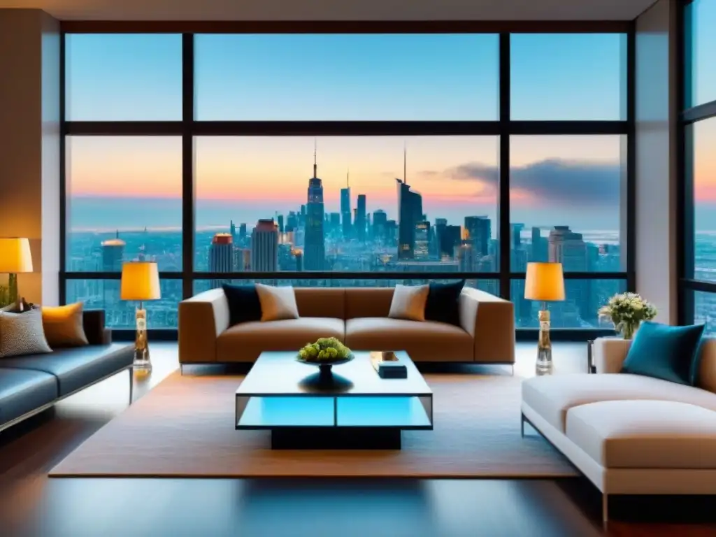 Salón de lujo con vista panorámica para negociaciones inmobiliarias Salón de lujo moderno con vista a la ciudad, chandelier de cristal y arte contemporáneo