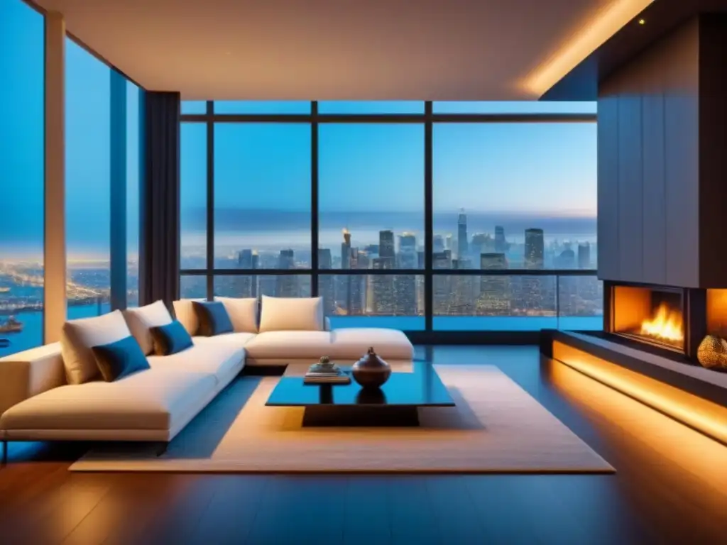 Sala de estar de lujo y moderna con vistas nocturnas a la ciudad Salón de lujo moderno con vistas nocturnas a la ciudad, chimenea acogedora y muebles elegantes