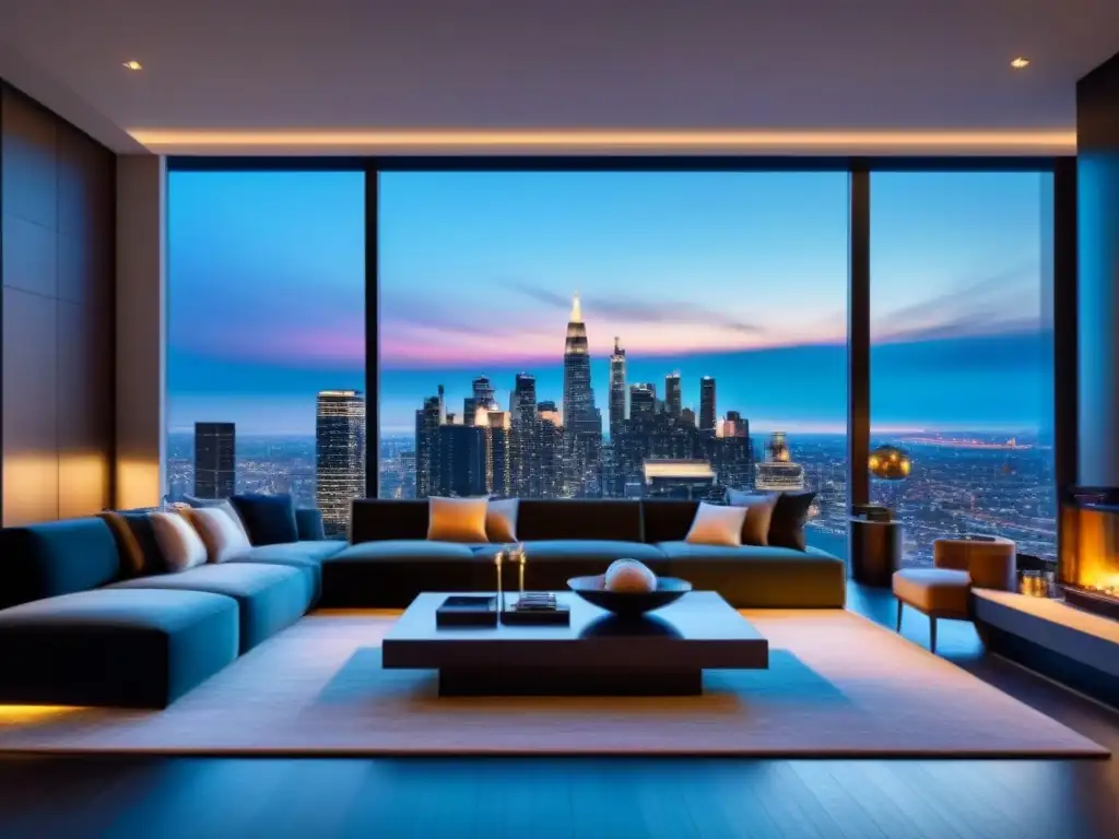 Salón de lujo con vista nocturna de la ciudad y diseño sofisticado Salón de lujo con muebles elegantes, ventanales con vista nocturna de la ciudad y chimenea