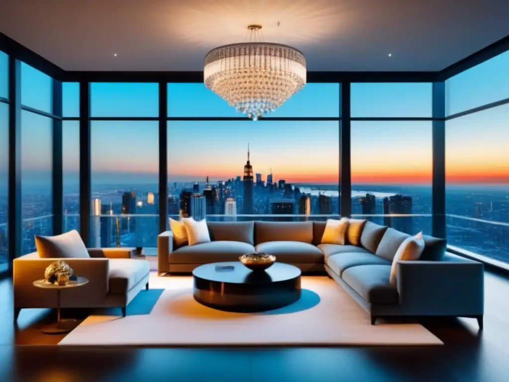 Salón de lujo en penthouse: sofisticación y opulencia urbana al atardecer Salón de lujo en penthouse con vista a la ciudad al atardecer