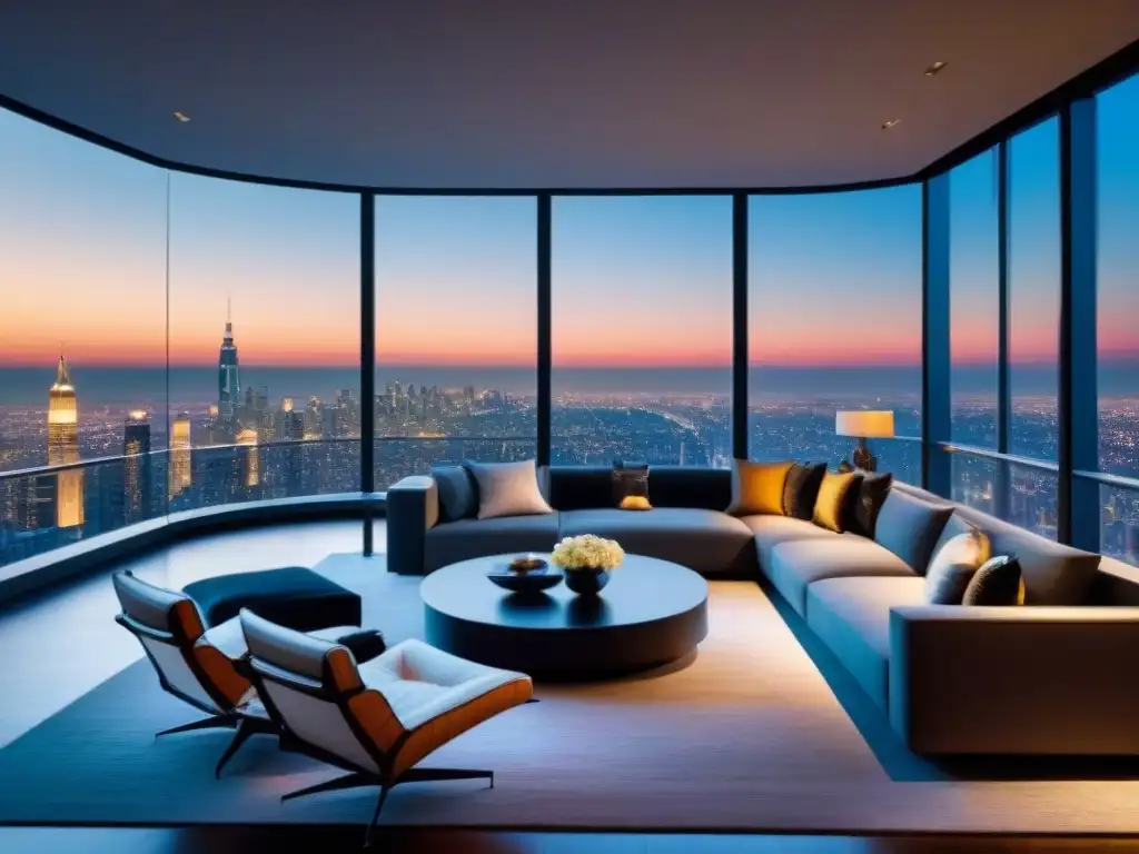Salón de lujo en penthouse con vista panorámica al atardecer Salón de lujo en penthouse con vista panorámica de la ciudad al anochecer, ambiente refinado y elegante