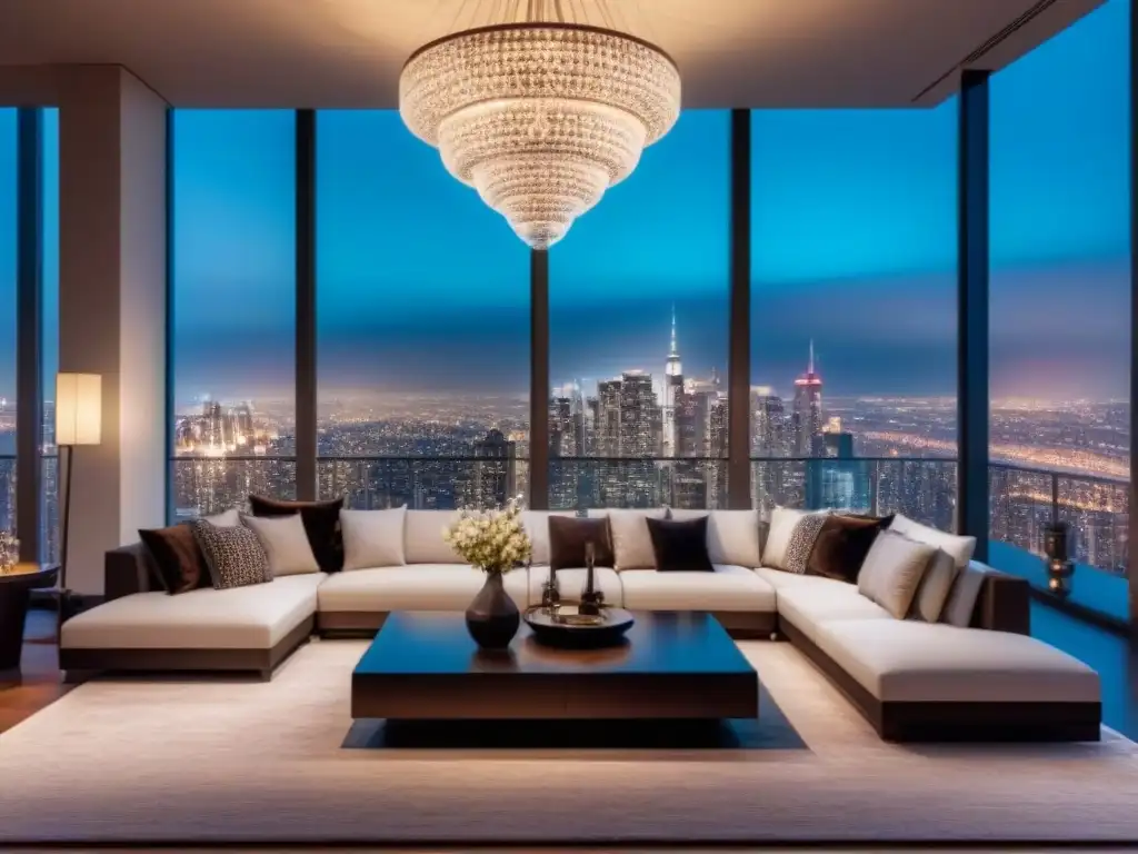 Salón de lujo en penthouse con vista nocturna de ciudad, refinanciamiento inmuebles lujo sin comprobantes