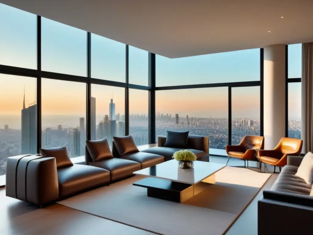 Salón de lujo moderno con vista panorámica en propiedad exclusiva Un salón de lujo en propiedad exclusiva con mobiliario elegante y ventanales con vistas a la ciudad