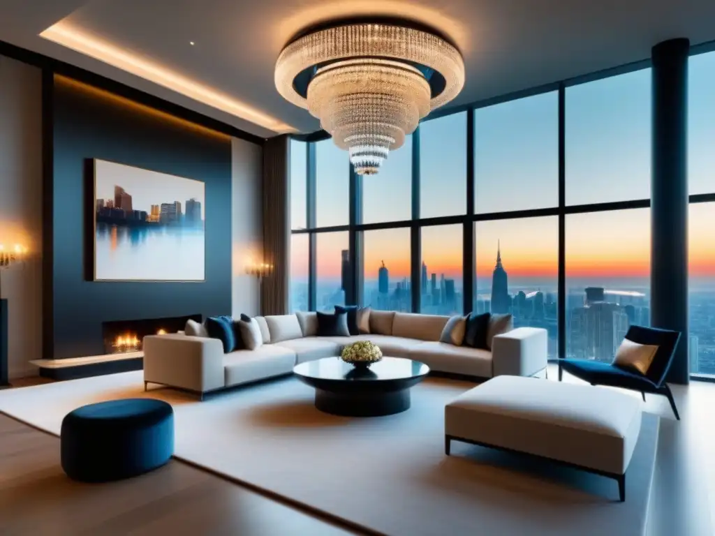 Sala de estar de lujo en propiedad exclusiva con vistas a la ciudad Salón de lujo en propiedad exclusiva, con mobiliario contemporáneo, vista panorámica de la ciudad y refinanciamiento de préstamo inmobiliario de lujo