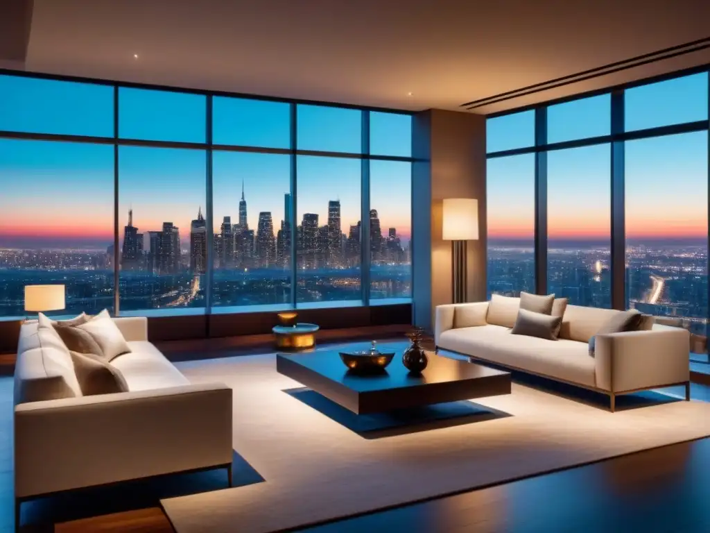 Salón de lujo con vista nocturna a la ciudad Salón de lujo en propiedad exclusiva con vista nocturna de la ciudad