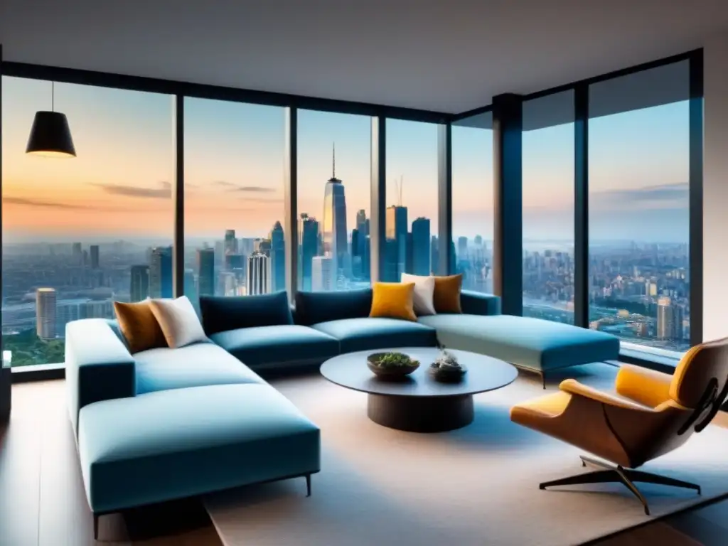 Salón de lujo en propiedad exclusiva con vista a la ciudad Salón de lujo en propiedad exclusiva con vista a la ciudad, mobiliario elegante y decoración moderna