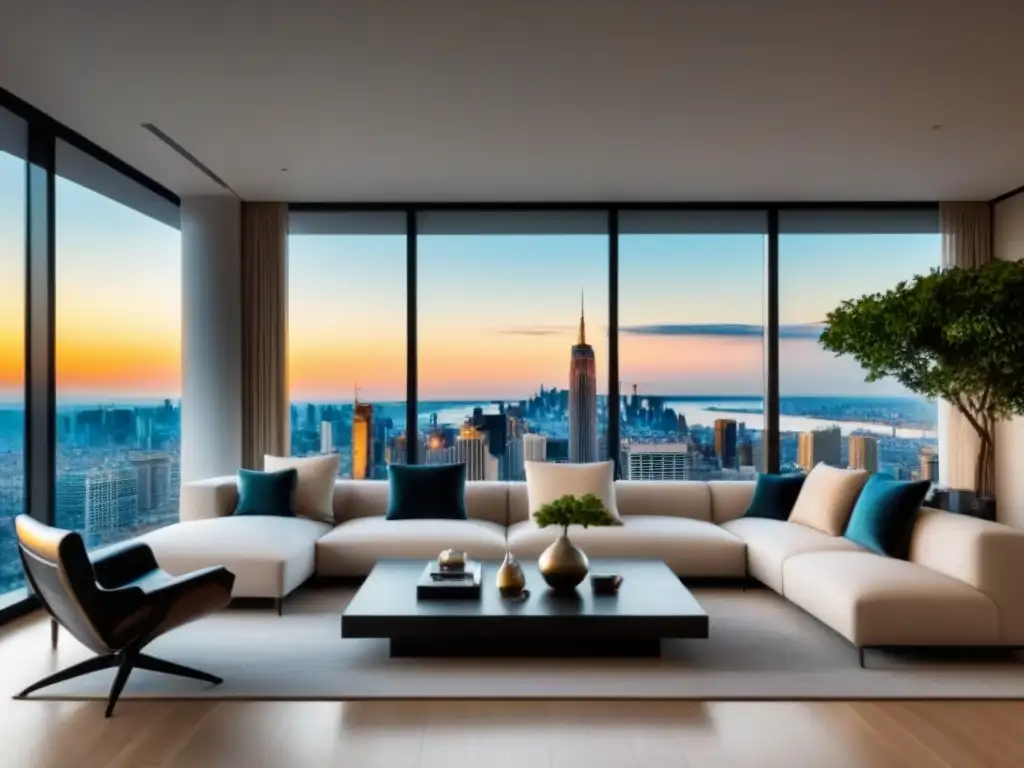 Sofisticada sala de estar moderna en propiedad de lujo Salón de lujo en propiedad exclusiva con mobiliario elegante y vistas urbanas, opciones refinanciamiento lujo inmobiliario