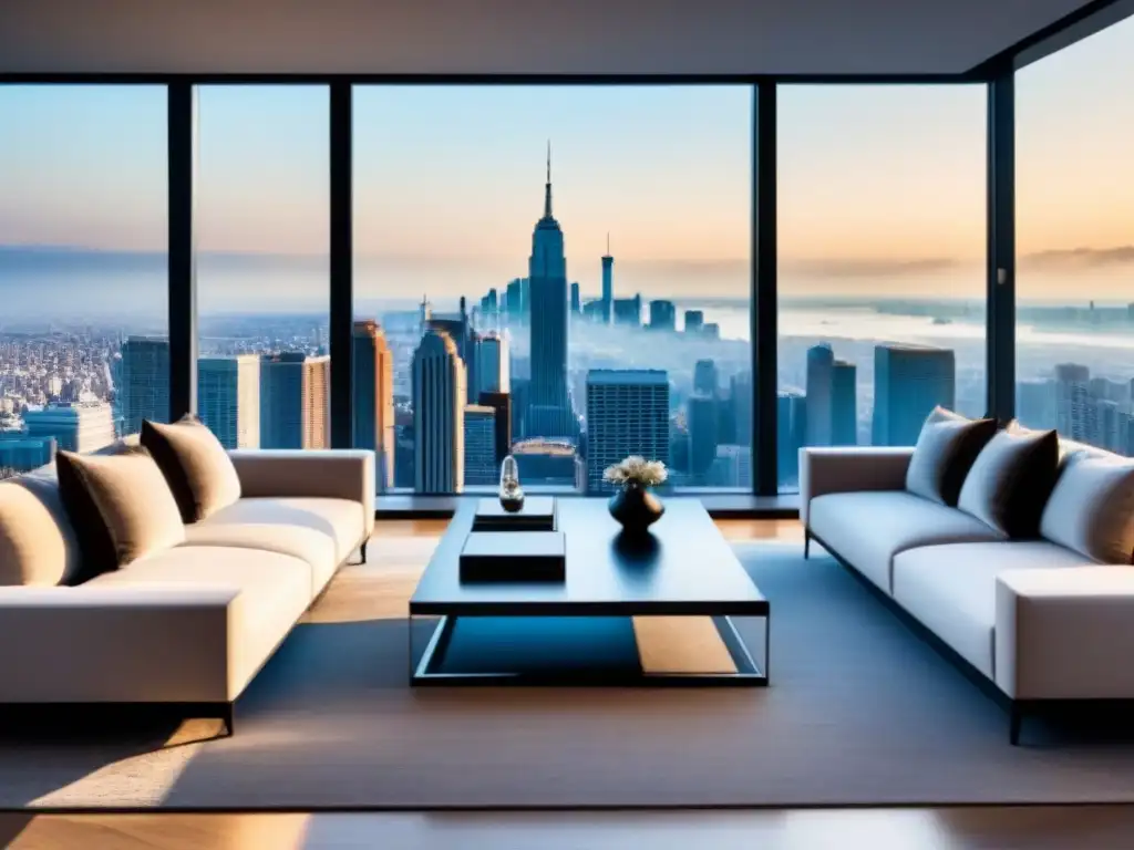 Salón de lujo en propiedad refinanciada con muebles elegantes y vista panorámica de la ciudad en tonos neutros, cálido y sofisticado
