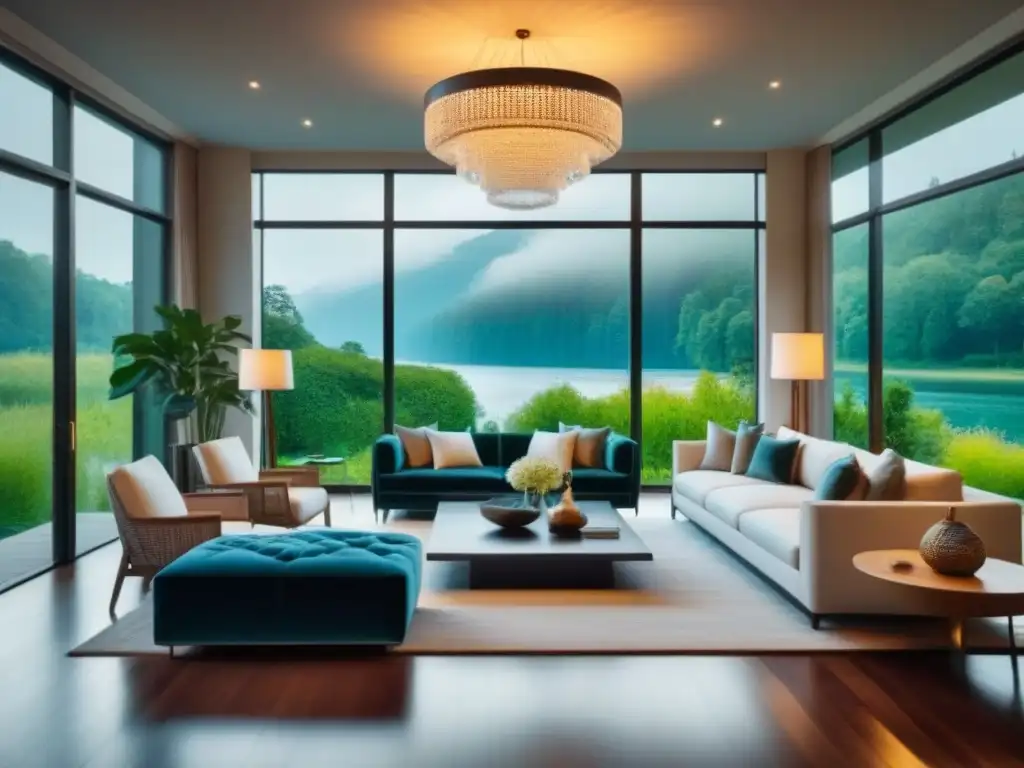 Sala de lujo con vista al lago: elegancia contemporánea y serenidad Salón de lujo en segunda vivienda con vista al lago y elegante decoración, ideal para estrategia inversión mercado segunda vivienda