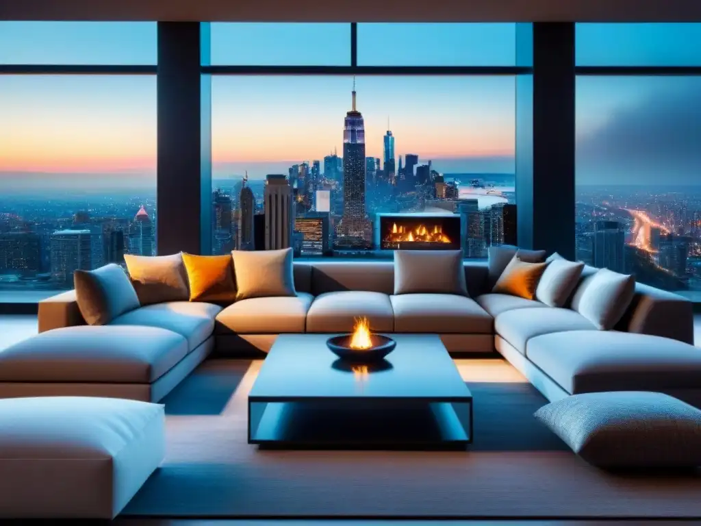 Sala de estar de lujo con vista urbana y diseño contemporáneo Salón de lujo con ventanales y vistas urbanas, mobiliario elegante y paleta sofisticada