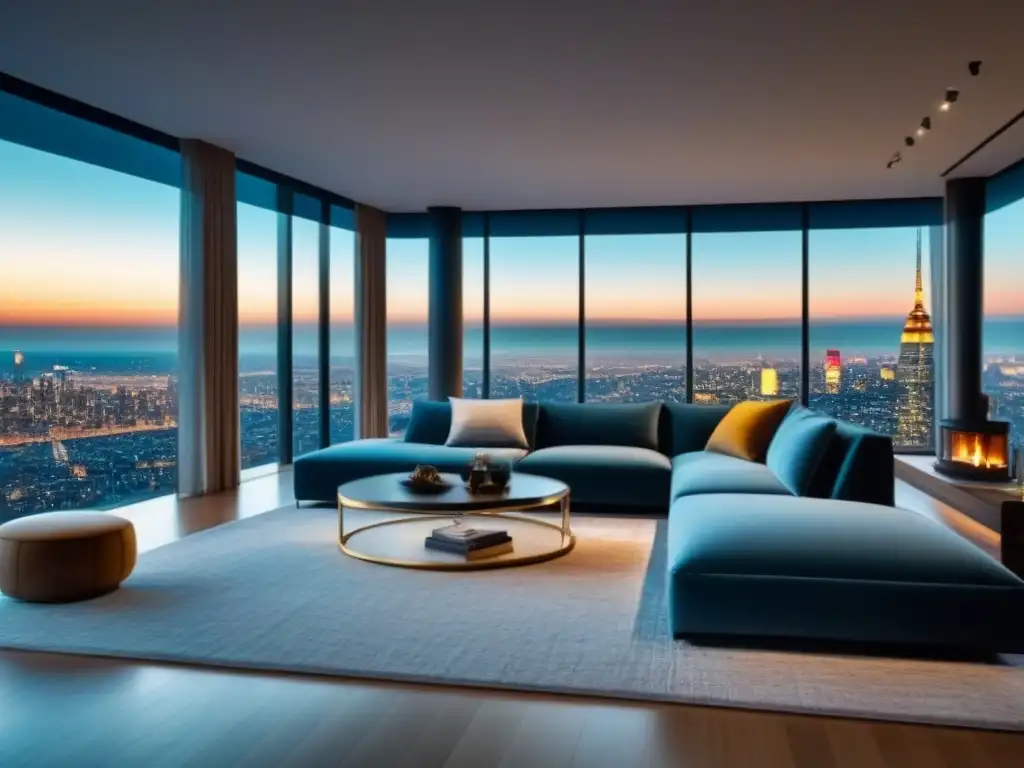 Salón moderno de lujo con vista panorámica y decoración elegante Salón de lujo con ventanales y vistas urbanas, mobiliario elegante y arte en las paredes