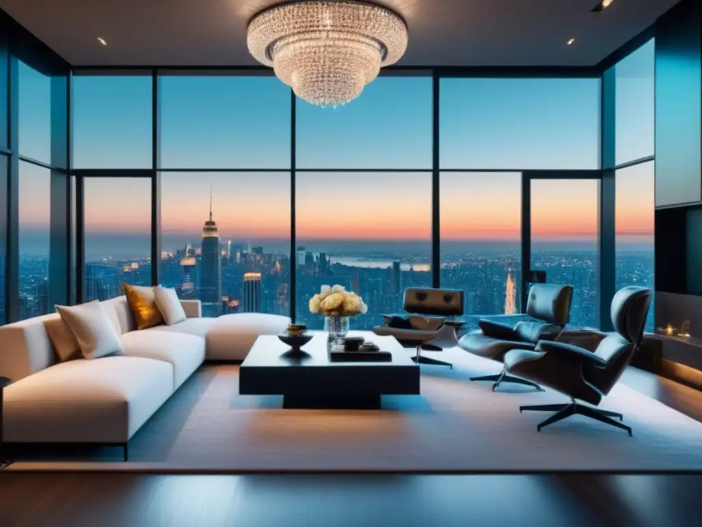 Salón de lujo con vista a la ciudad, diseño elegante y decoración sofisticada