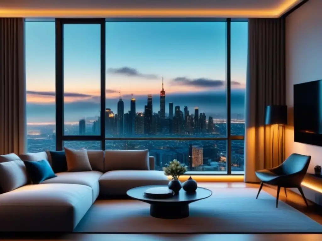 Salón de lujo con vista urbana y tecnología inteligente Salón de lujo con vista a la ciudad, muebles modernos y toques de inteligencia artificial