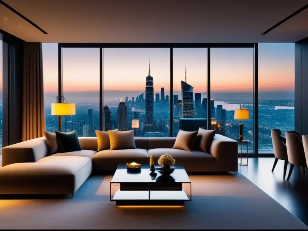 Sala de estar de lujo con vista nocturna de la ciudad Salón de lujo con vista nocturna de la ciudad, mobiliario elegante y ambientación cálida