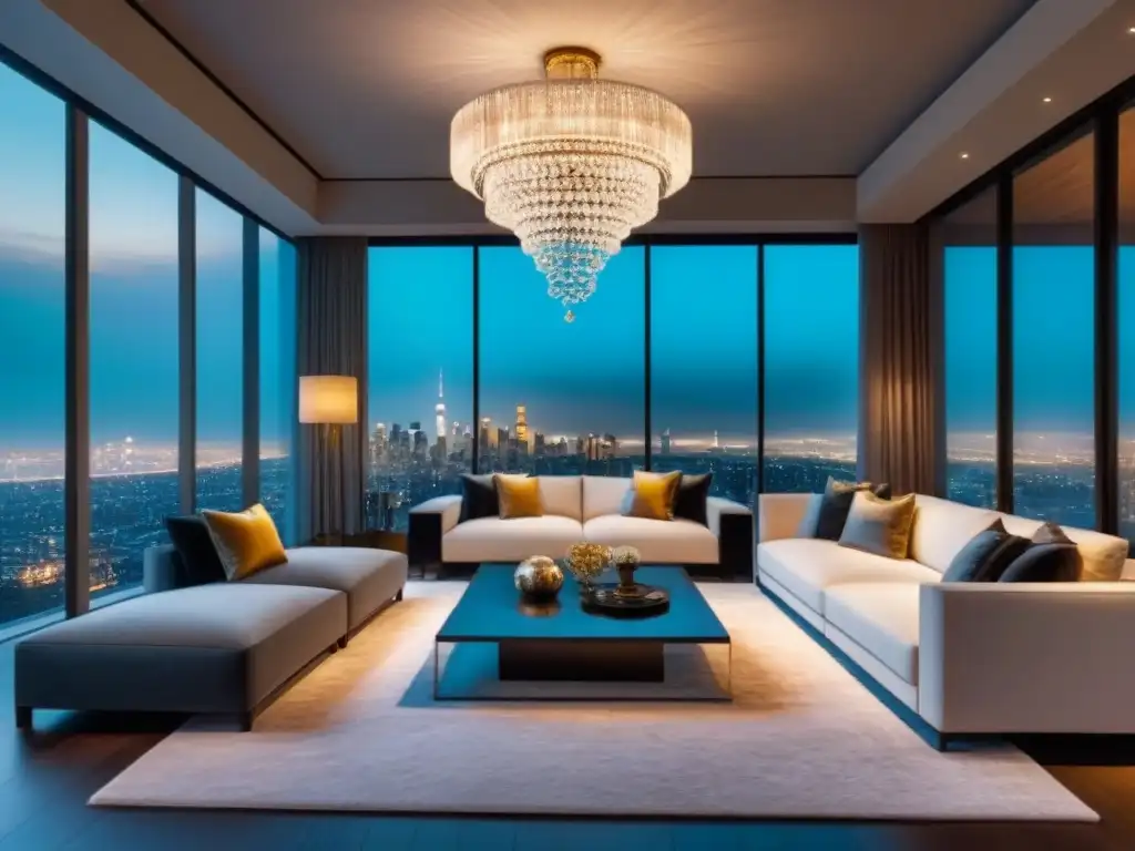 Salón de lujo con vista nocturna de la ciudad Salón de lujo con vista nocturna de la ciudad, chimenea de mármol y mobiliario elegante, ideal para decisiones de refinanciamiento de lujo beneficios