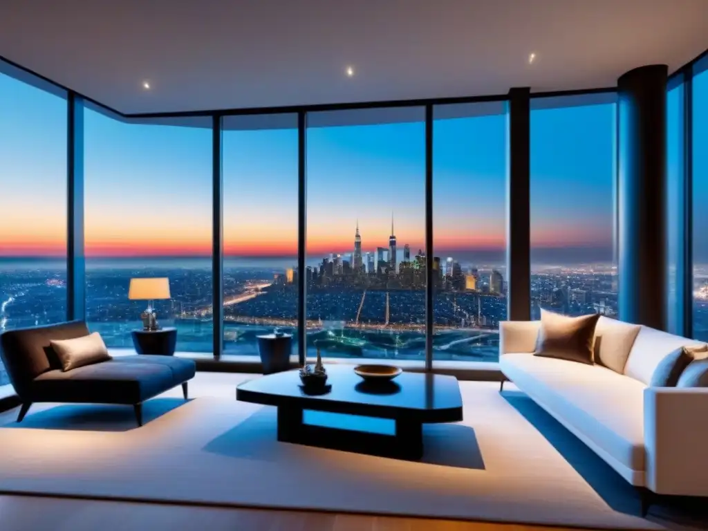 Salón de lujo con vista nocturna de la ciudad Salón de lujo con vista nocturna de la ciudad, diseño elegante y muebles contemporáneos