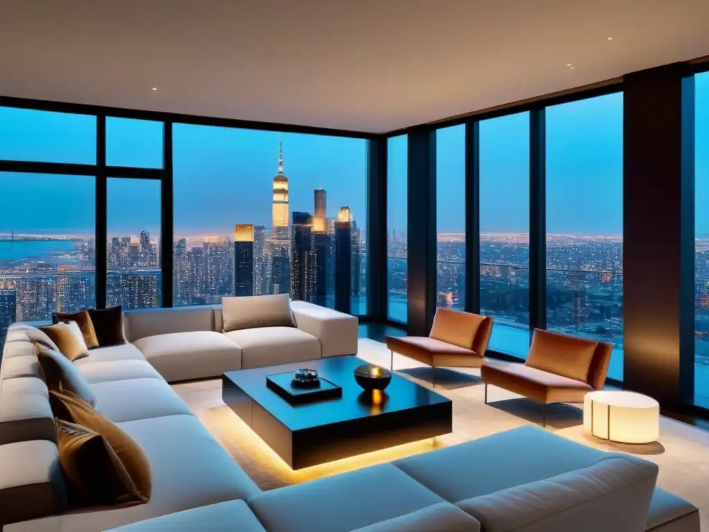 Sala de estar de lujo con vista a la ciudad al atardecer Salón de lujo con vista urbana al atardecer, muebles contemporáneos y chimenea de mármol
