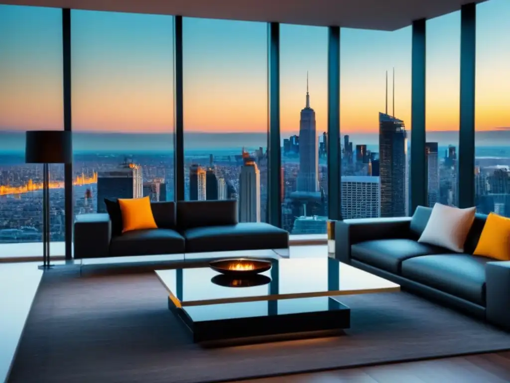 Salón moderno de lujo con vistas a la ciudad Salón de lujo con vistas a la ciudad, mobiliario contemporáneo elegante y refinanciamiento préstamos inmobiliarios lujo