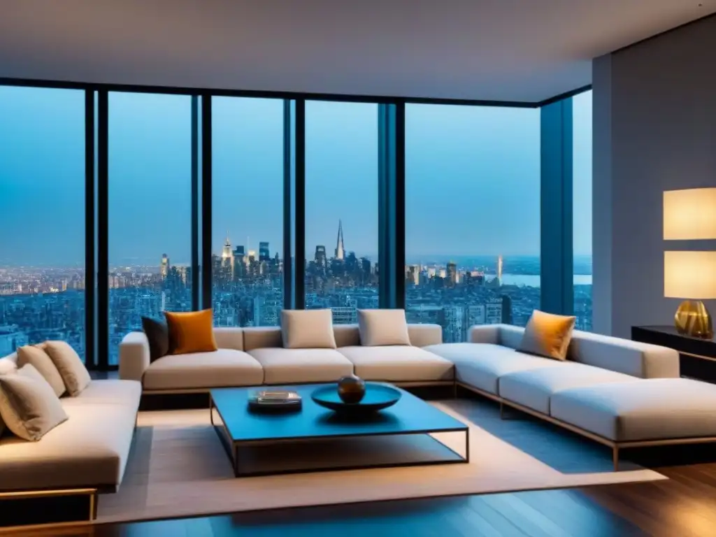 Salón de lujo con vista a la ciudad Salón de lujo con vistas a la ciudad, mobiliario elegante y arte, ideal para estrategias email marketing inmobiliarias lujo