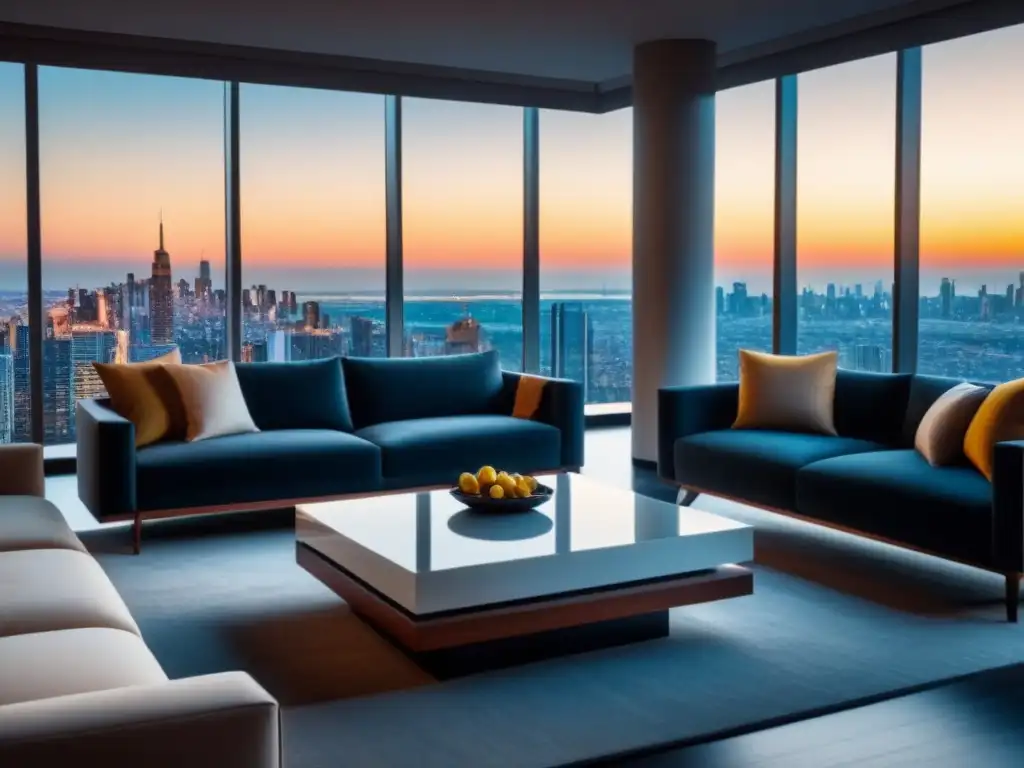 Salón moderno de lujo con vista panorámica al atardecer en la ciudad Salón lujoso en un apartamento de altura con vista a la ciudad al atardecer