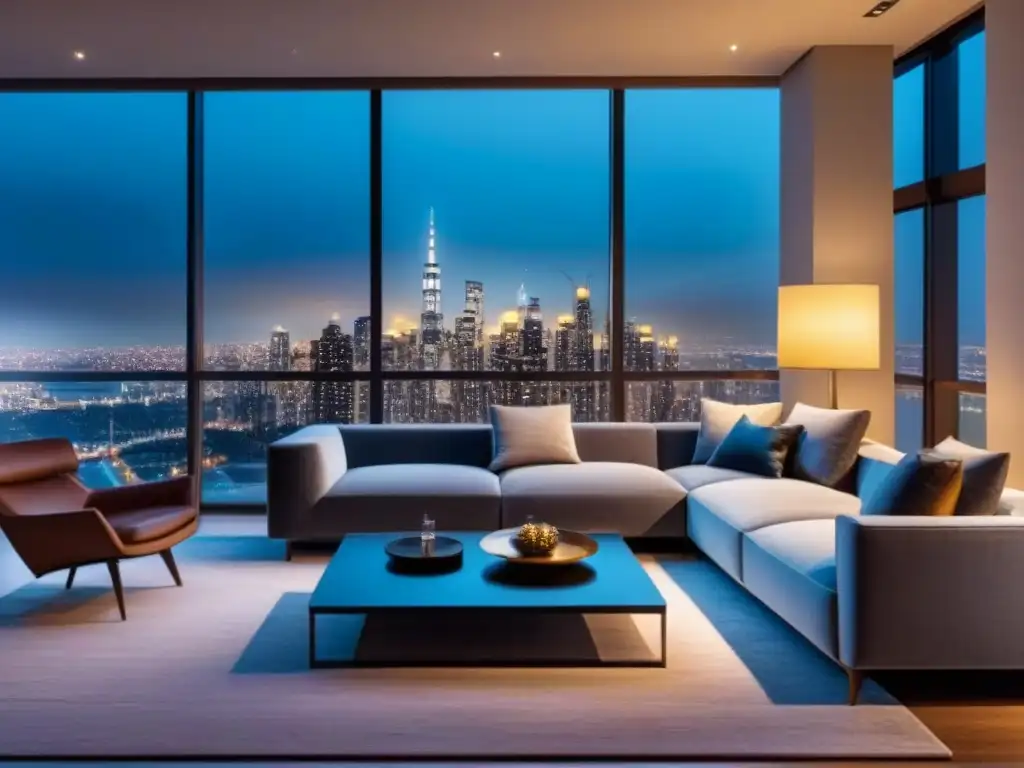 Sala de lujo en apartamento de altura con vista nocturna a la ciudad Salón lujoso en apartamento de lujo, con vistas nocturnas a la ciudad