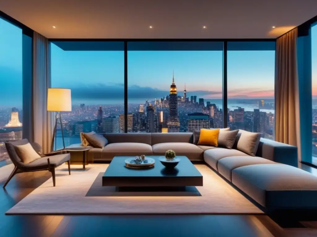 Salón de lujo con vistas a la ciudad al anochecer: refinanciamiento de lujo Salón lujoso y moderno con vista a la ciudad al atardecer, exudando riqueza y sofisticación