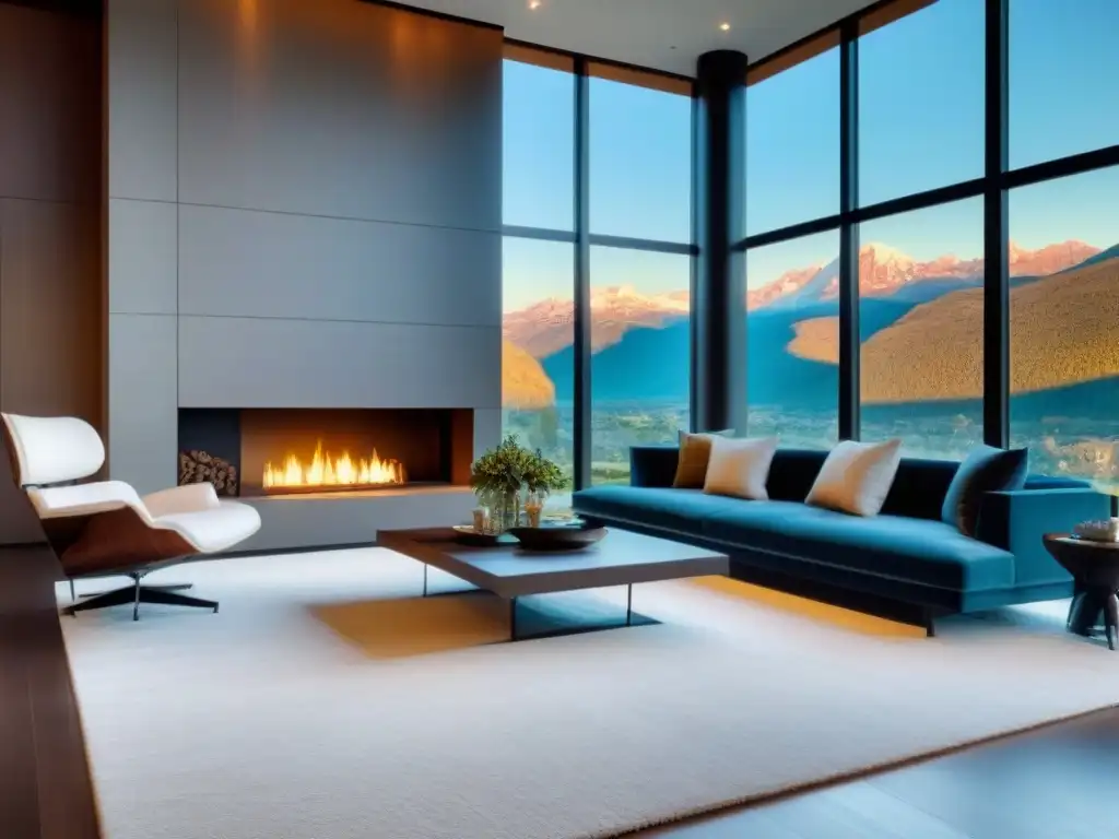 Sala de estar de lujo con vista a la montaña y estilo contemporáneo Salón lujoso y moderno con vistas a la montaña, decoración elegante y acogedora