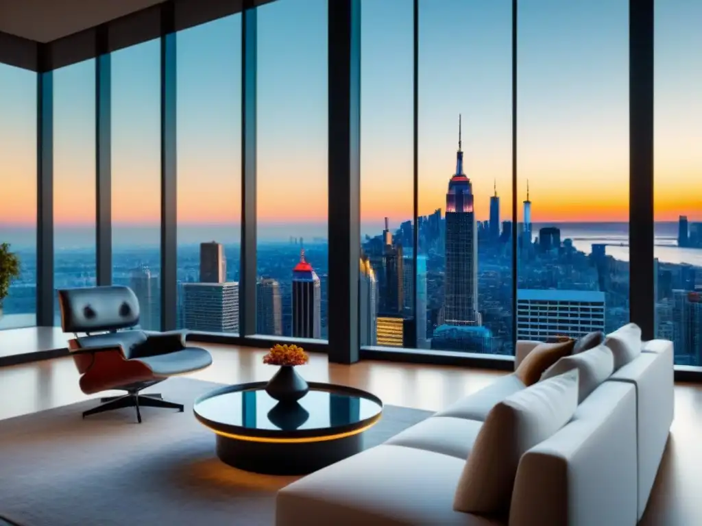 Penthouse de lujo con vistas panorámicas a la ciudad en 8k Salón lujoso con vista a la ciudad, mobiliario elegante y arte contemporáneo, para audiencia objetivo de lujo