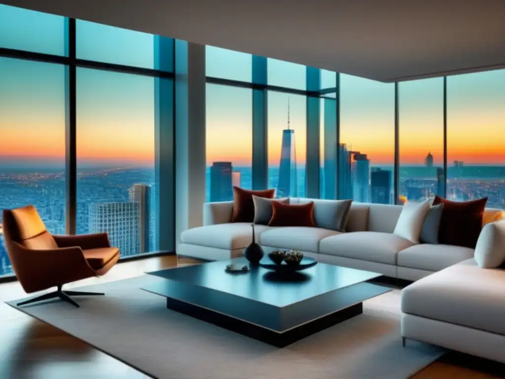 Sofisticado salón de lujo con vista a la ciudad Salón lujoso con vista a la ciudad en un apartamento de lujo, ideal para estrategias de inversión inmobiliaria a largo plazo