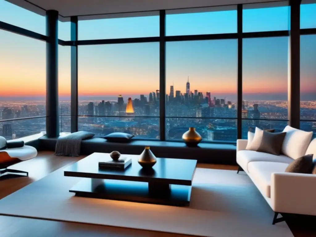 Penthouse de lujo con vista panorámica a la ciudad Salón de penthouse lujoso con vista de ciudad, decoración elegante y mobiliario moderno
