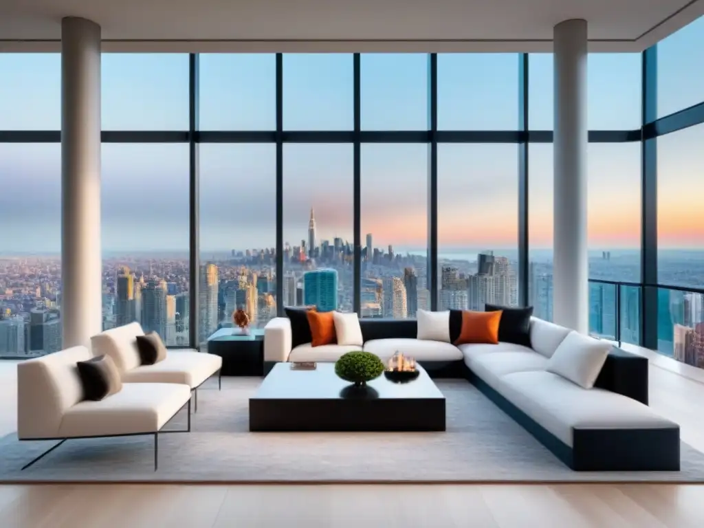 Suntuoso salón de penthouse con vistas panorámicas y diseño moderno Salón lujoso con vistas a la ciudad, mobiliario contemporáneo y decoración elegante, ideal para Marketing Multicanal Propiedades Lujo