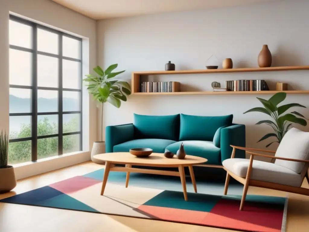 Salón minimalista y organizado: inspiración Marie Kondo Salón minimalista y ordenado: libros organizados por color, área de descanso acogedora y toque de verde