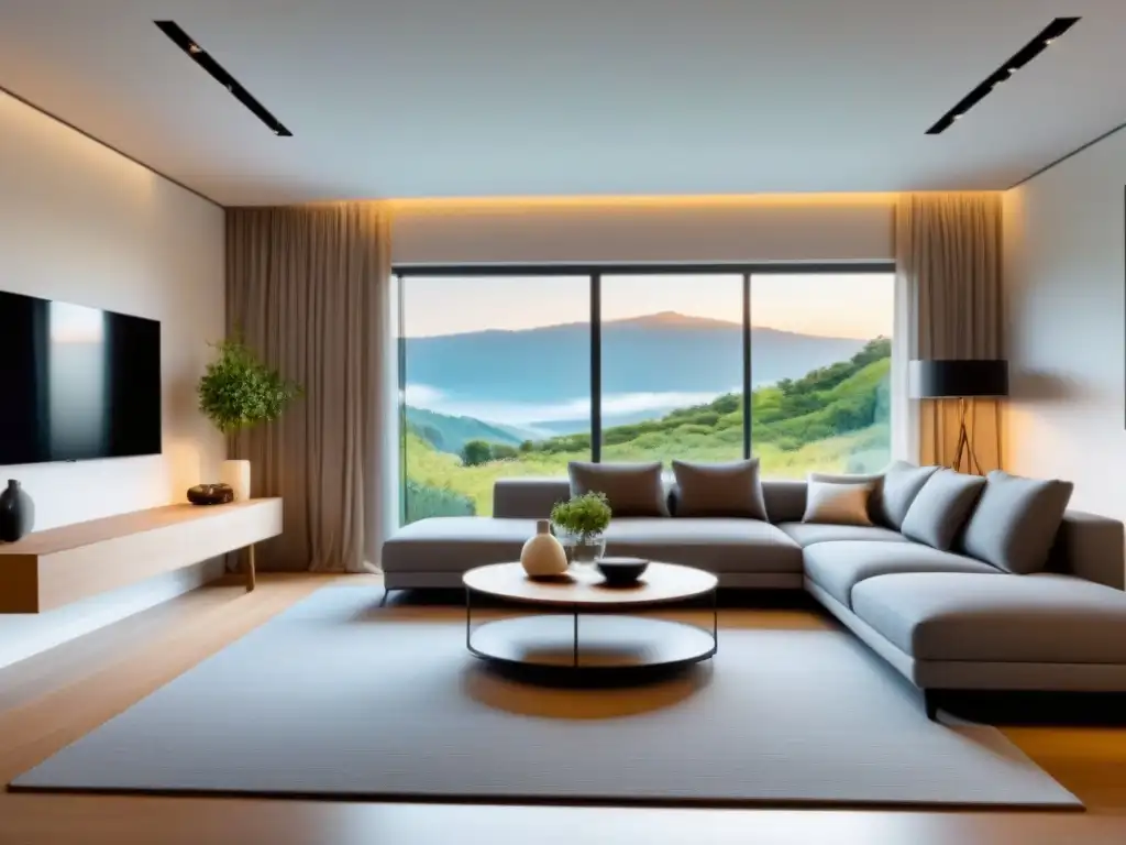 Sala moderna y minimalista: diseño elegante en tonos neutros Un salón minimalista en tonos neutros, con diseño moderno y ambiente acogedor
