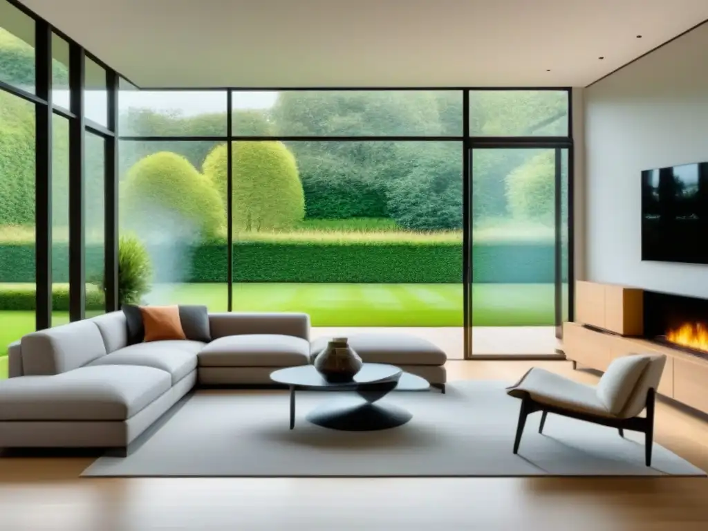 Salón minimalista con vistas a jardín, paz y elegancia Salón minimalista con vistas a jardín exuberante, muebles contemporáneos en tonos neutros