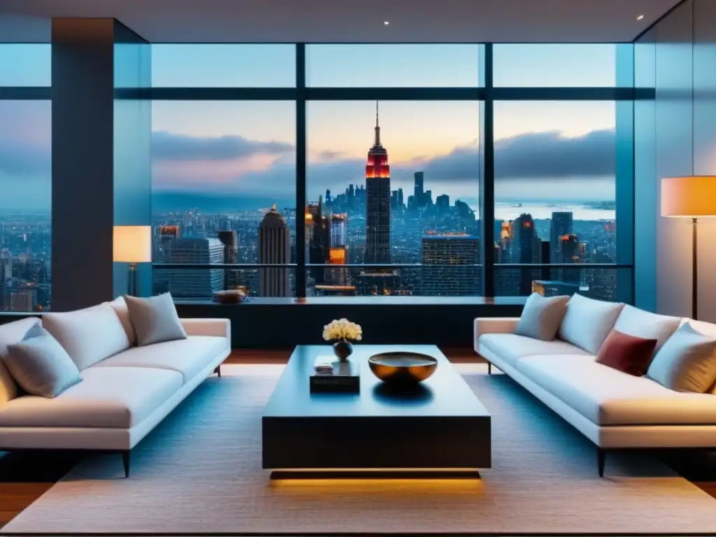 Salón de lujo: integrando la hipoteca en estrategia de protección de activos Salón lujoso con mobiliario moderno, arte vibrante y vista a la ciudad, integrando una guía hipotecas protección activos inmobiliarios