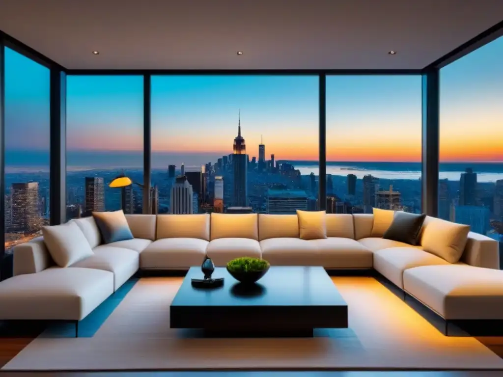 Salón de lujo con vista a la ciudad al atardecer Salón lujoso con mobiliario moderno, decoración elegante y vistas a la ciudad al atardecer